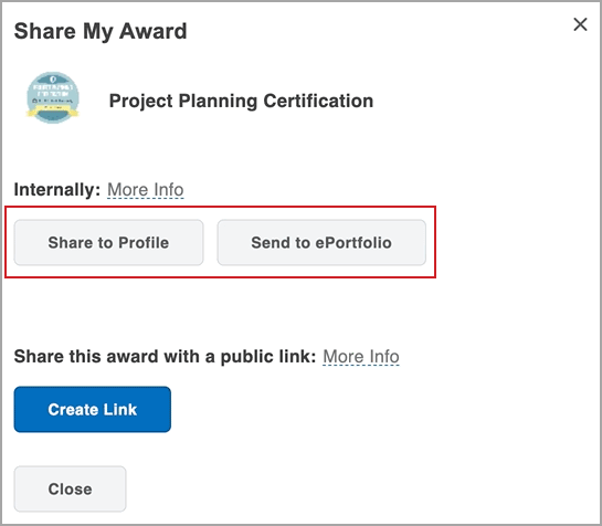 The Share to Profile and Send to ePortfolio buttons in Awards