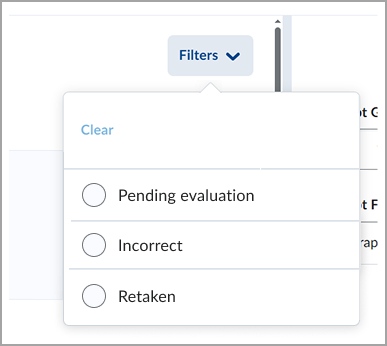 Menú desplegable de filtros que muestra las opciones para borrar los filtros y seleccionar estados de las preguntas del cuestionario: Pendientes de evaluación, Incorrecta y Se ha vuelto a contestar.