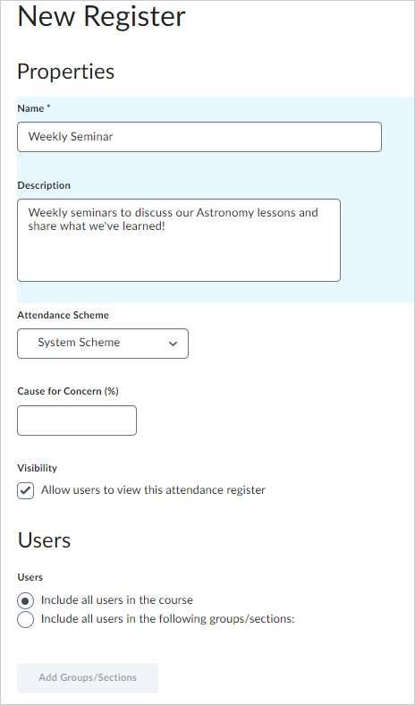 The New Register page of the Attendance tool.