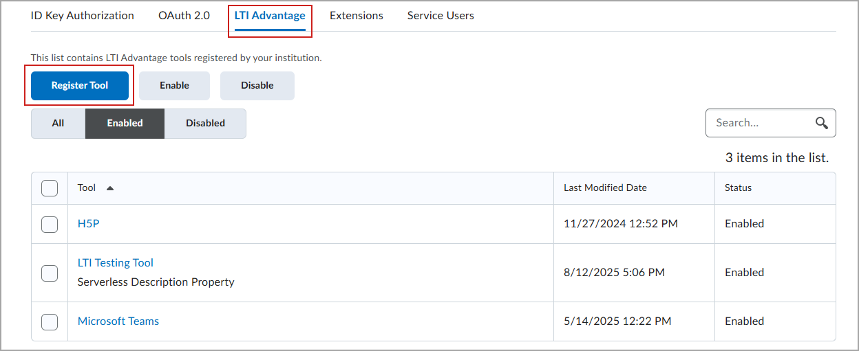 صفحة تسجيل أداة LTI Advantage في Brightspace