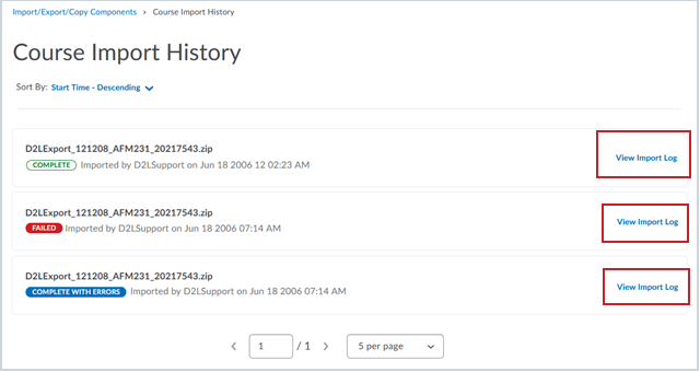 The View Import Log is available to view for all components imported into the course