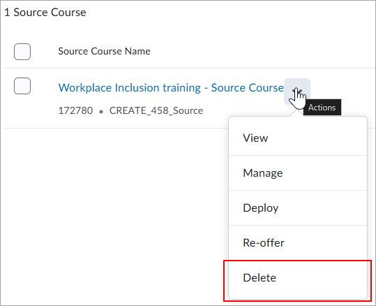 The context menu for a source course is expanded and shows the Delete option outlined in red