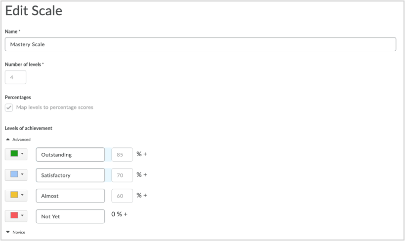 The Edit Scale dialog containing four levels of achievement, mapped to percentage scores.