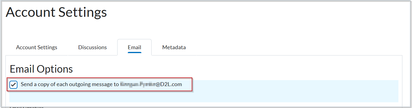 The Account Settings page with the Send a copy of each outgoing message to External Email highlighted.