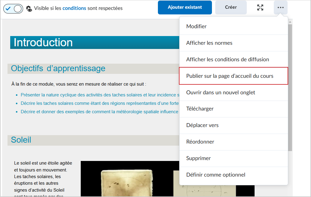 Le menu Options (...) affichant l'option Publier sur la page d'accueil du cours.