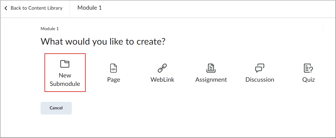 L'option Nouveau sous-module dans le menu créer nouveau.