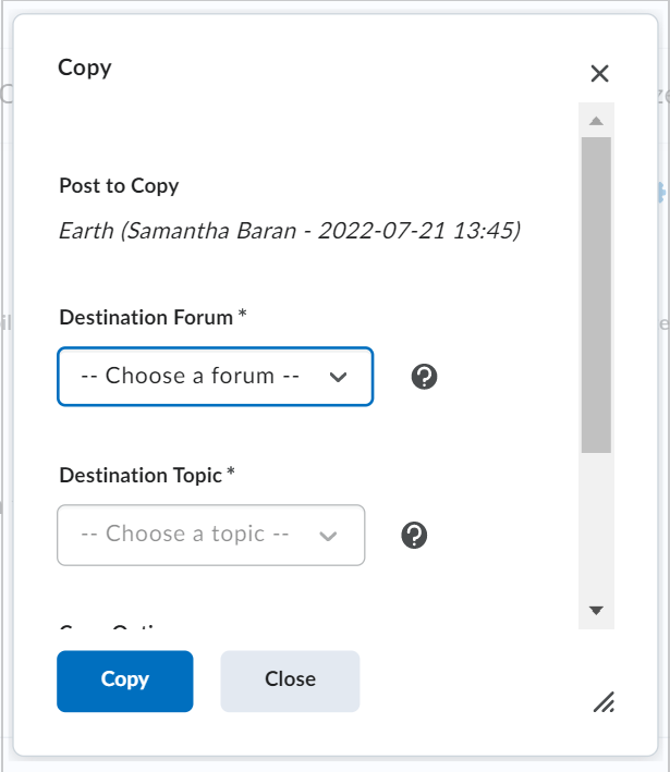 The Copy dialog showing the Destination Forum and the Destination Topic drop-down menus.