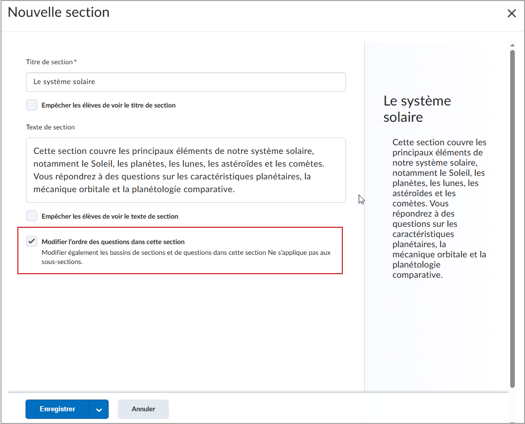 La page Nouvelle section avec l'option Mélanger les questions activée.