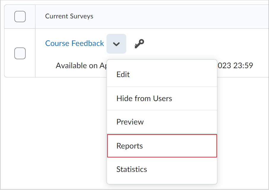 The Actions menu for a survey showing the Reports option.