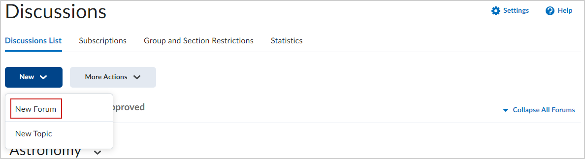 A opção Novo Fórum da página de Discussão.
