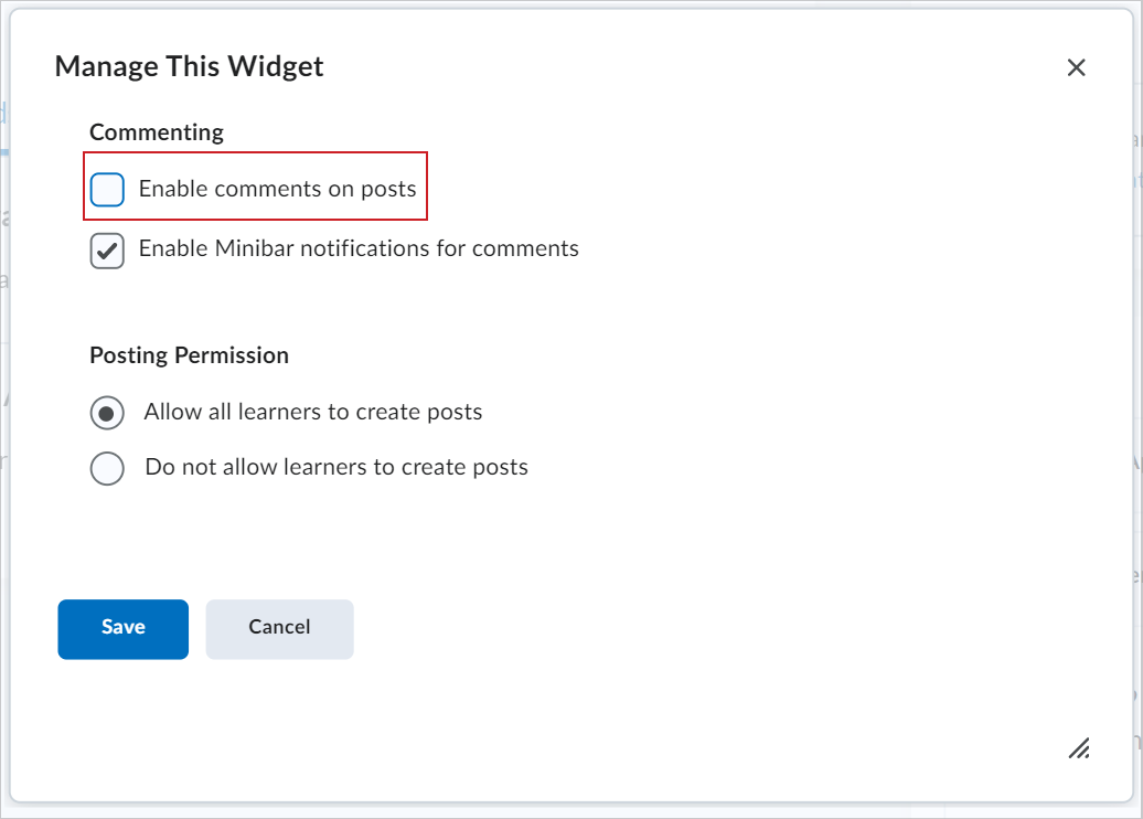 The Manage This Widget dialog showing the Enable comments on post checkbox without a checkmark