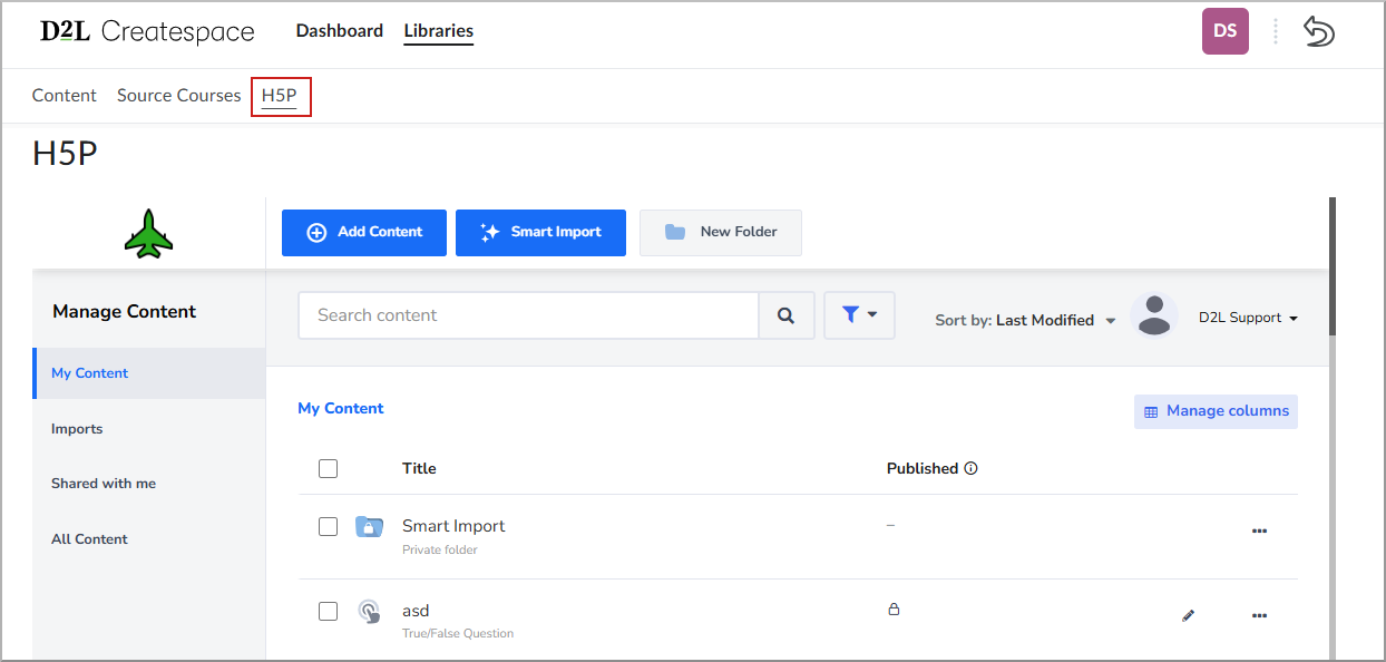 The Createspace navigation showing the H5P tab.