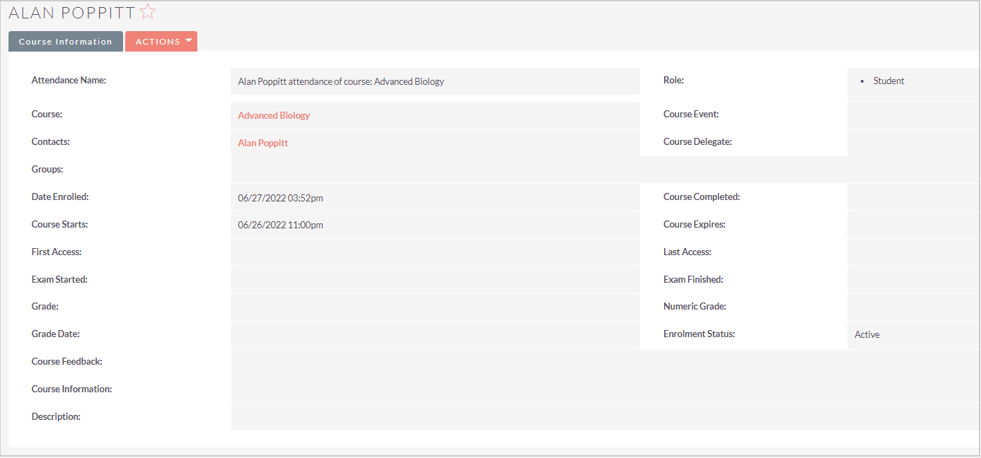 The Course Attendance record for a student showing the various information fields