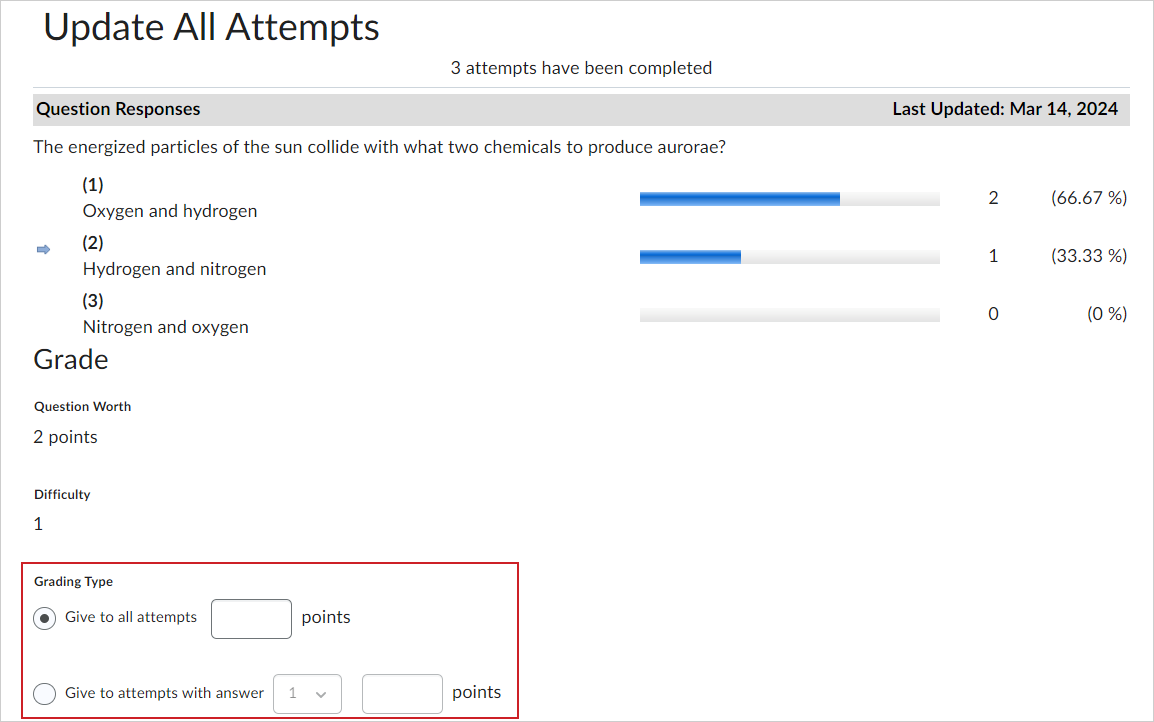 The Update All Attempts page with the Grading Type section emphasized.