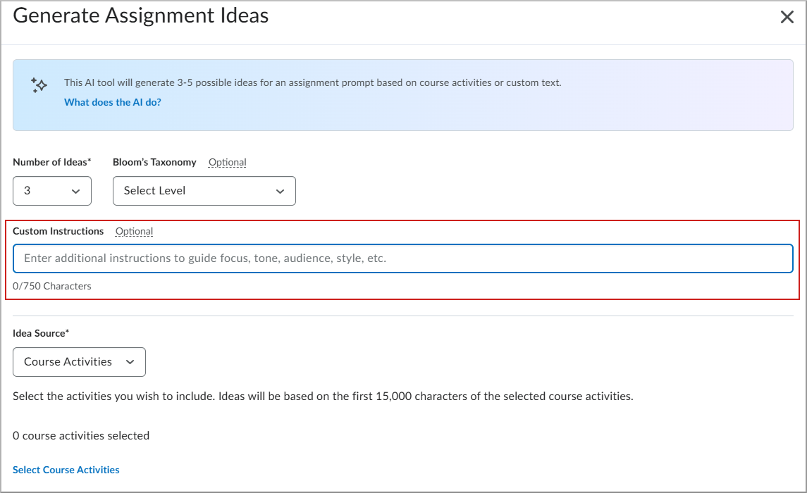 Generate Assignment Ideas dialog showing Custom Instructions field.