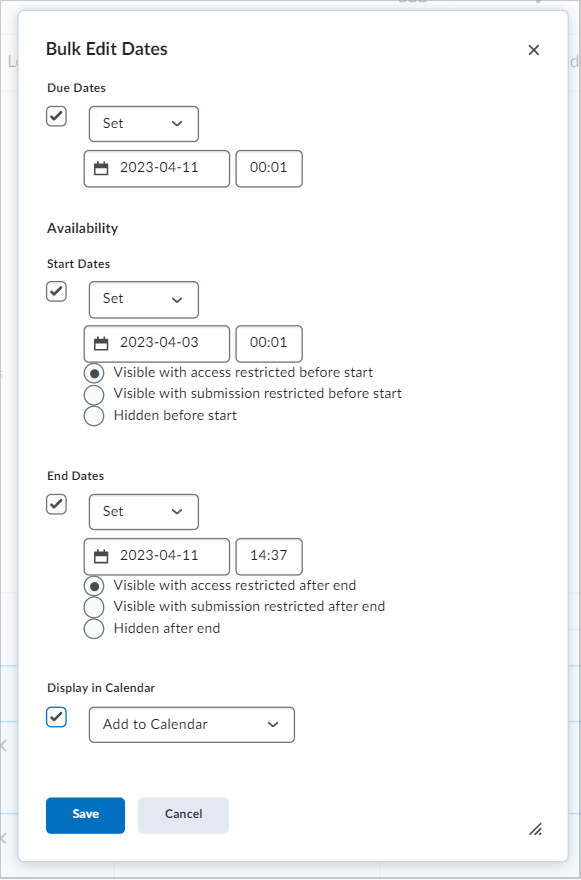 The Bulk Edit Dates dialog with the Save and Cancel buttons.