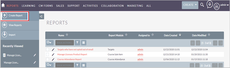 The Create Report on the Reports page