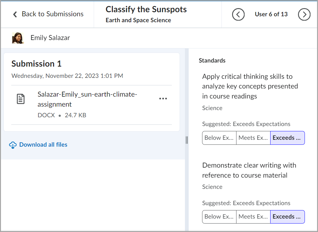 The Assignment submission interface, showing a student's submission. On the right, the rubric is visible with standards, marked as Exceeds Expectations