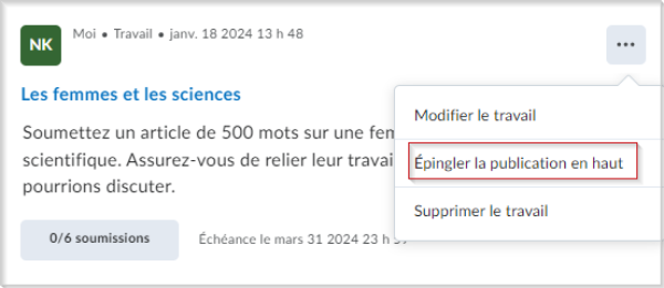 Le menu Options d'une publication comprend l'option Épingler la publication en haut.