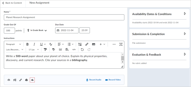 The New Assignment page with the Attach from OneDrive icon highlighted.