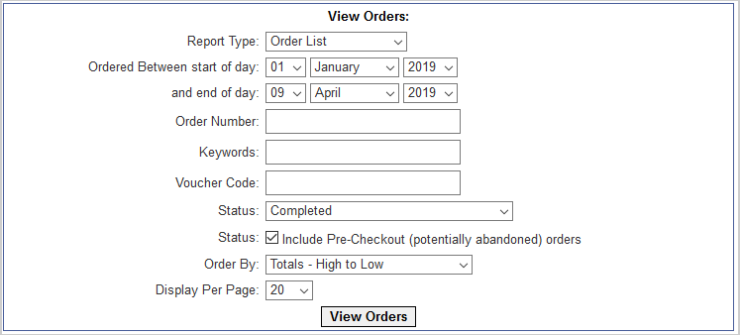 De zoekfilteropties voor het tonen van orders met de knop Orders tonen eronder