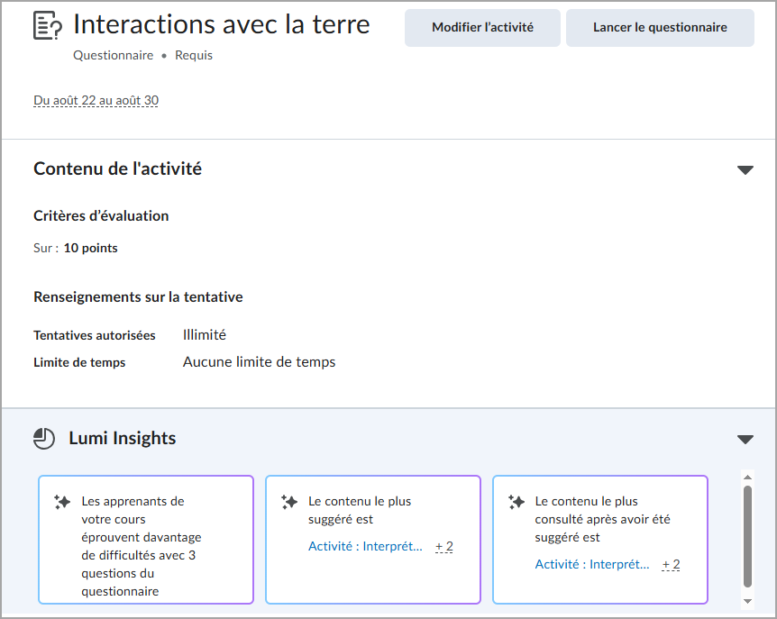 Activité d'un questionnaire avec Connaissances Lumi montrant les événements de la classe, le contenu affiché et les vues du contenu.