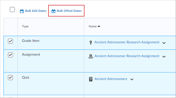 A página Gerenciar datas com a opção deslocar datas em massa.