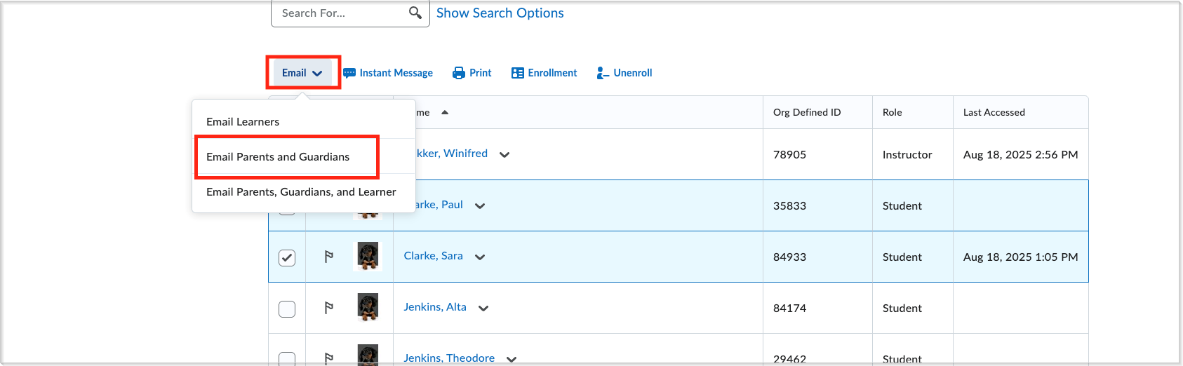 Email dropdown expanded showing Email Parents and Guardians option
