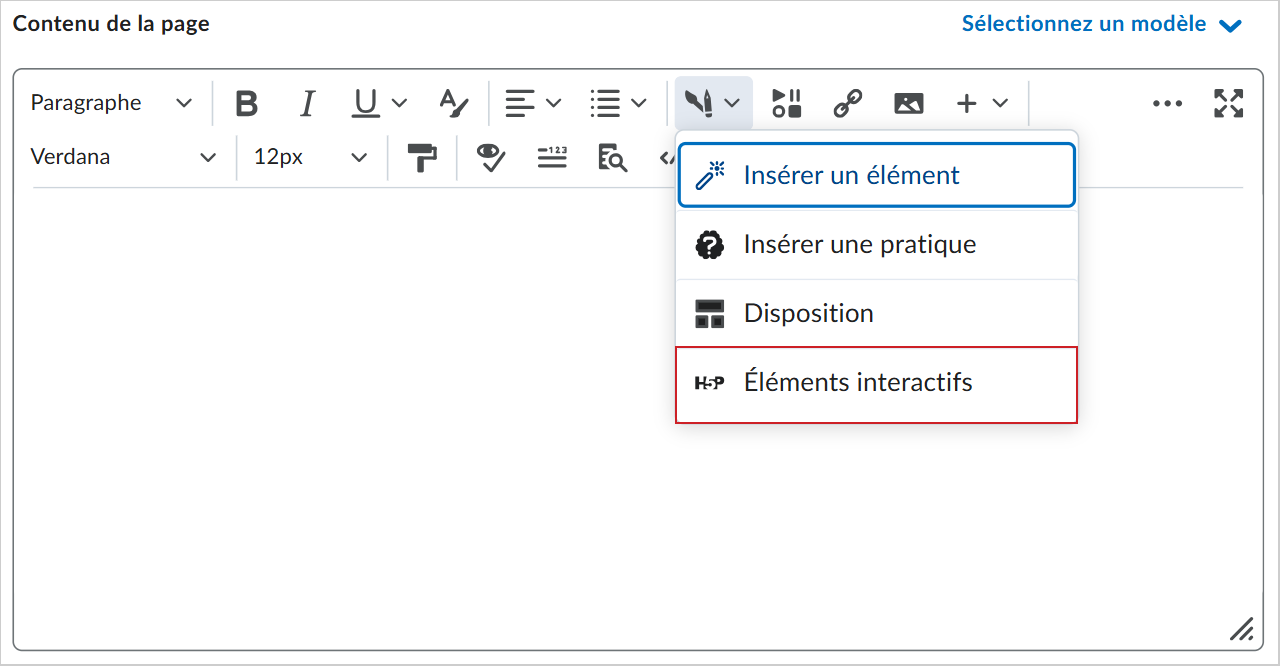 La barre d'outils de l'Éditeur de Brightspace dans laquelle le menu déroulant Insérer est développé. L'option Éléments interactifs est mise en évidence avec une bordure rouge.