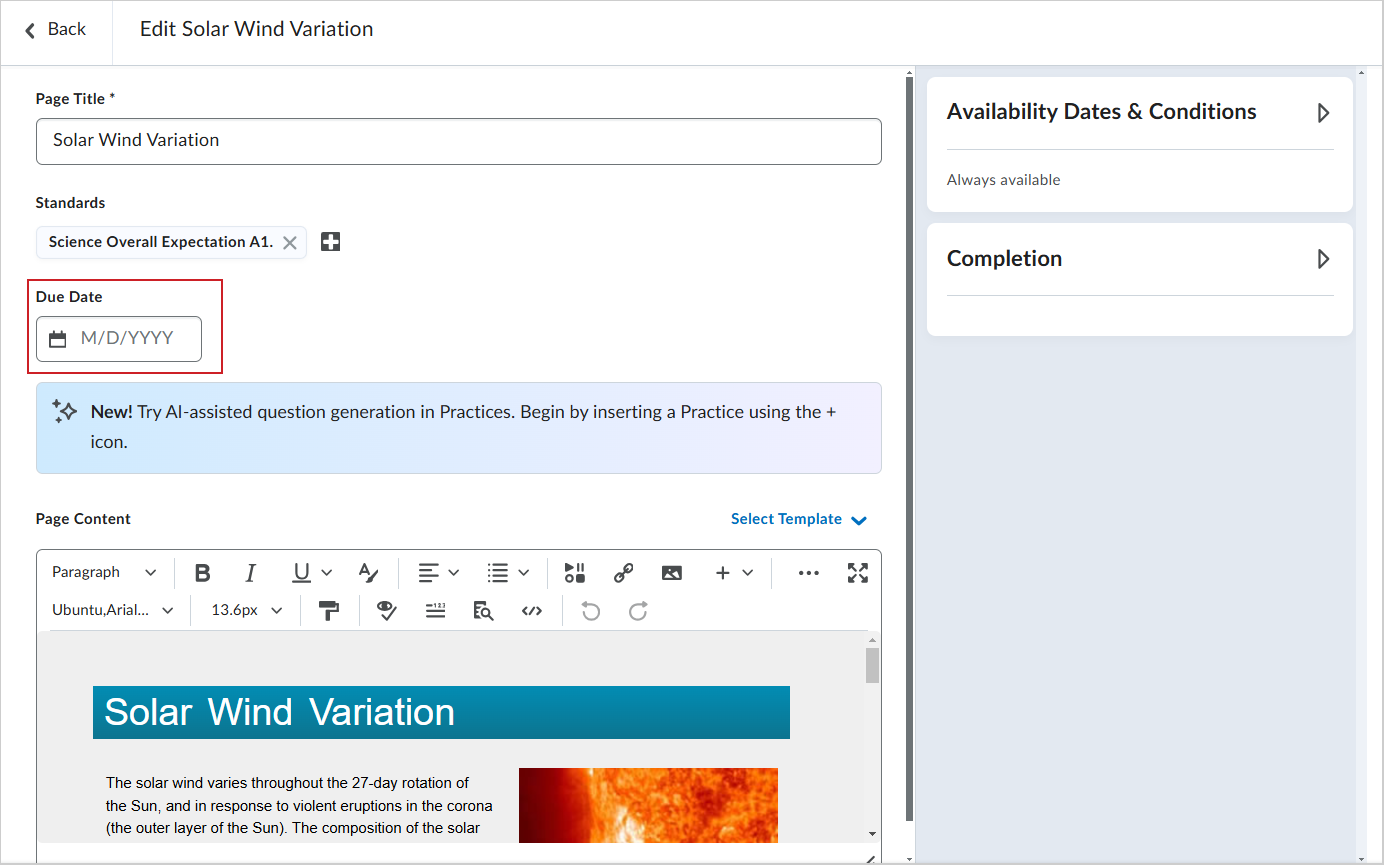 The Edit page for a module showing the Due Date field