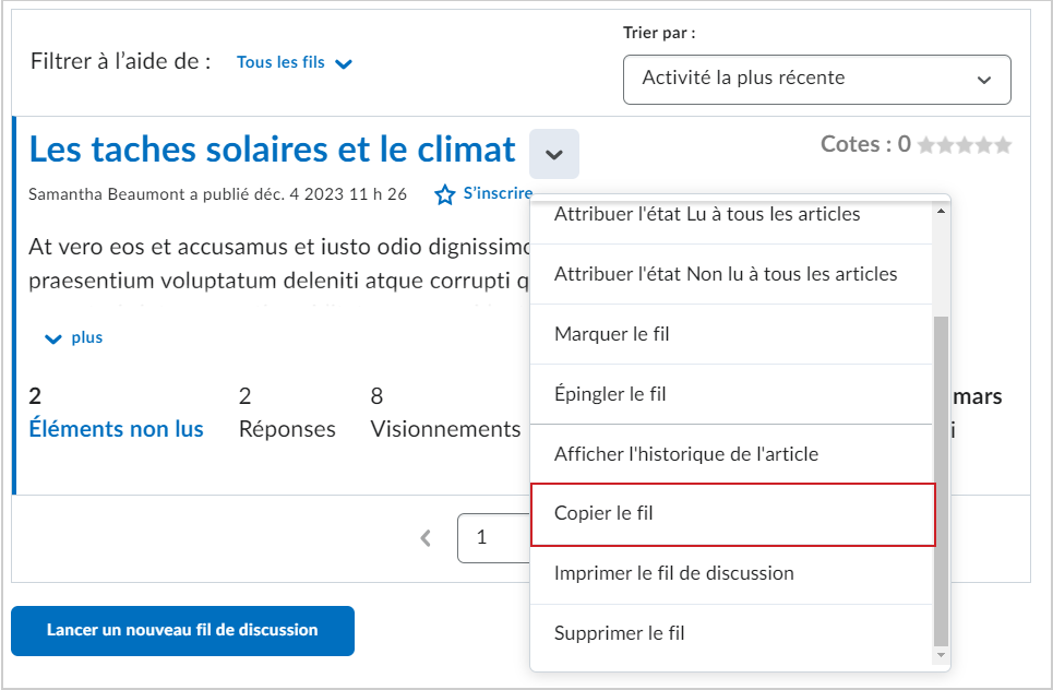 Le menu Actions d'un sujet de discussion comprend l'option Copier le fil.