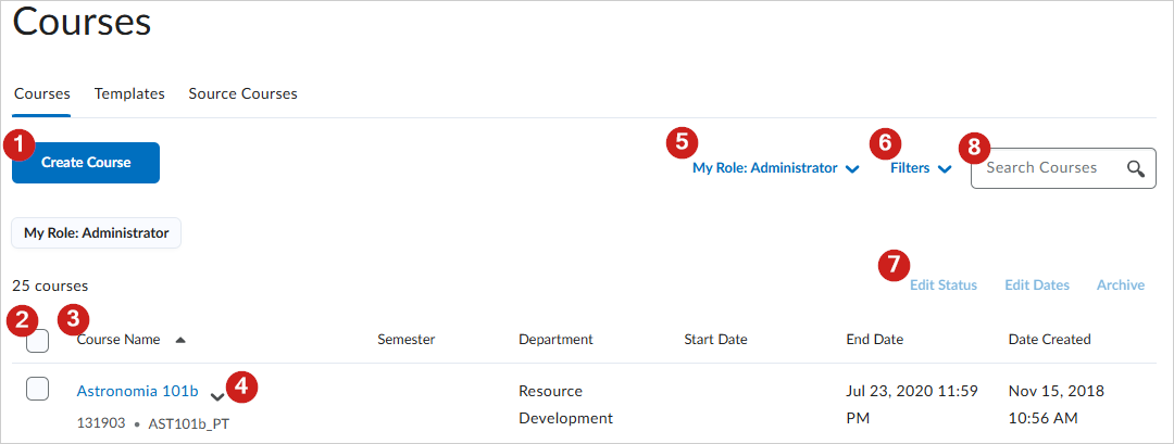 Courses tab selected showing a list of created courses with options to create, filter, and search.