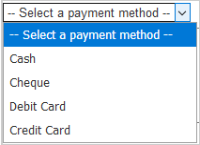 The Select a payment method drop-down menu showing the differnt payment options