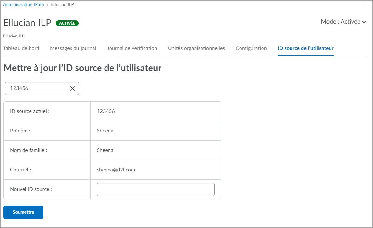 L'onglet Mettre à jour l'ID source permet de mettre à jour l'identifiant d'un utilisateur dans un système source Ellucian ILP.
