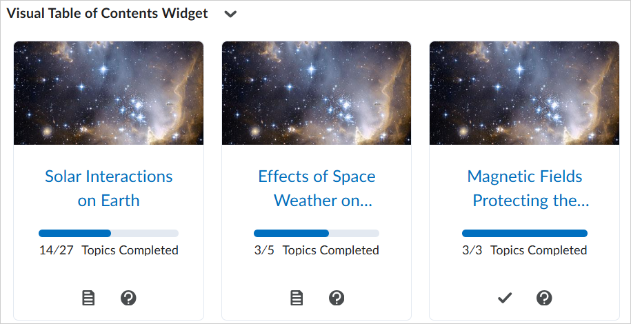 The Visual Table of Contents widget displaying modules or units with topics completed.