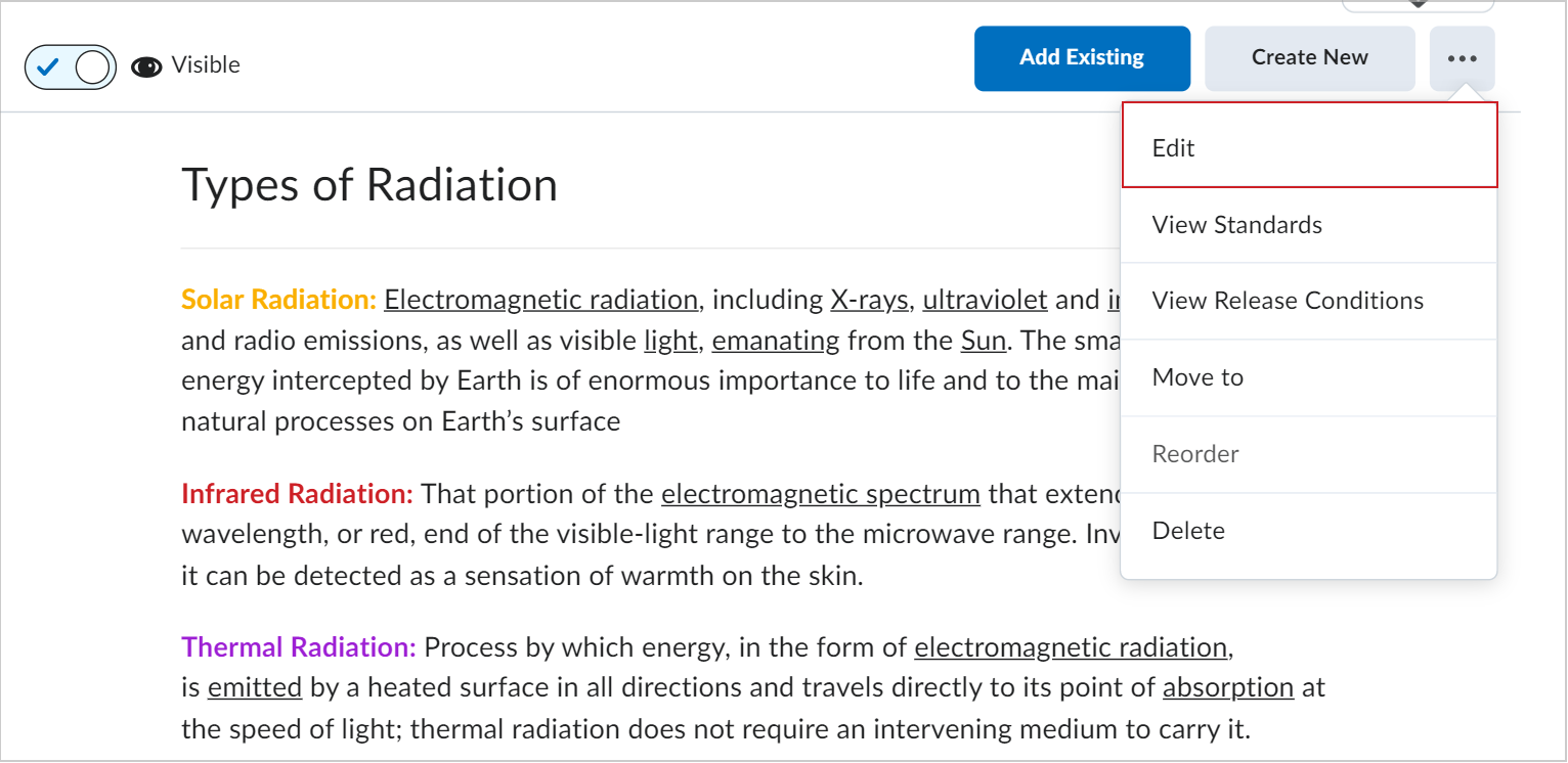 The Options menu showing the Edit button for a module about Types of Radiation.