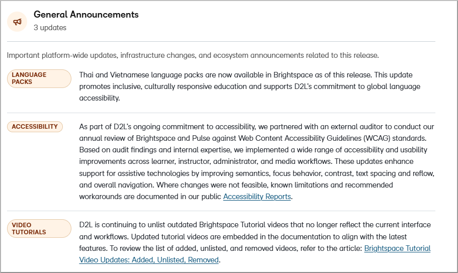 Section Annonces générales affichant des informations sur la version relatives à l’ensemble de la plateforme.