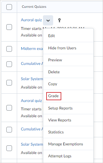 The Actions menu of a quiz showing the Grade option.