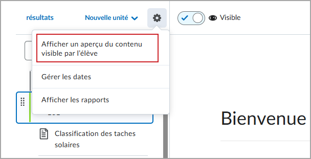 Option Prévisualiser en tant qu'étudiant du menu Paramètres de la Nouvelle expérience de contenu