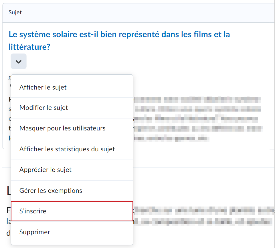 Le menu Actions d'un sujet de discussion comprend l'option S'abonner.