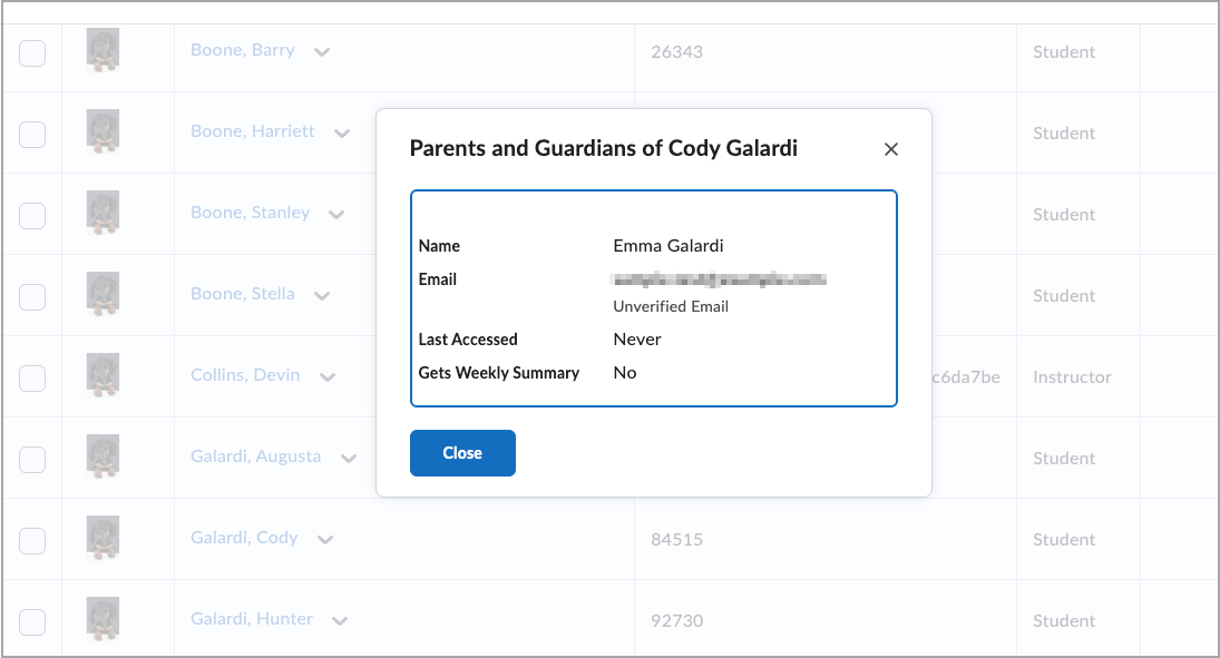 Brightspace®-venster met daarin informatie voor ouders en voogden voor een student waaronder het e-mailadres en toegang tot de samenvatting