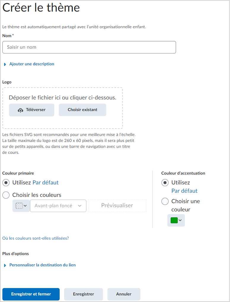 La page Créer un thème.