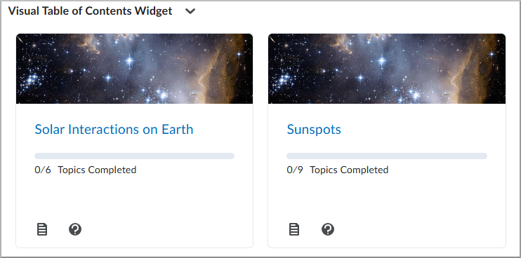 Le composant graphique Table des matières visuelle affiche les modules ou les unités dont les sujets sont terminés.