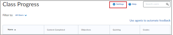 The Settings option on the Class Progress dashboard.