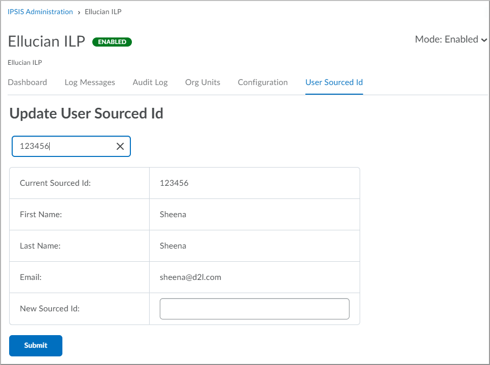 The Update Sourced ID tab for updating a user's identifier in an Ellucian ILP source system.