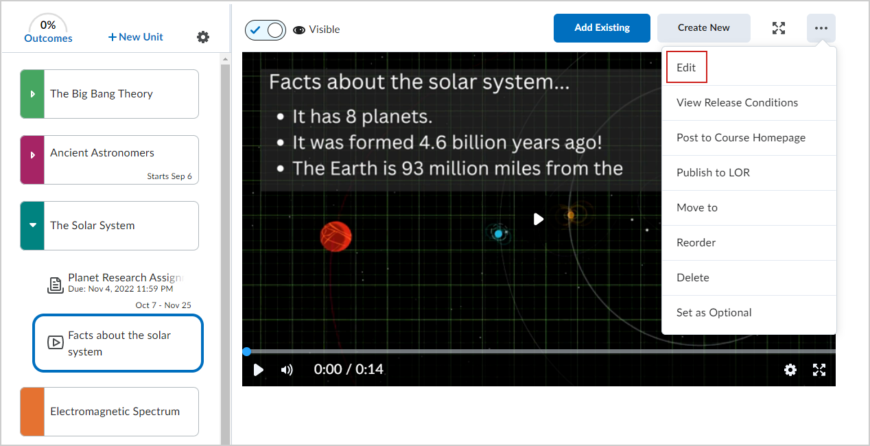 The Edit option of the Media Player in the New Content Lessons experience.