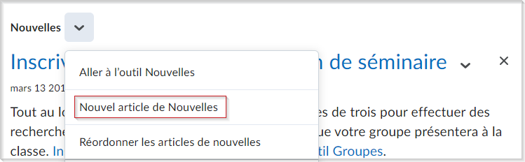 L'option Nouvel article de nouvelles du menu déroulant de Nouvelles.