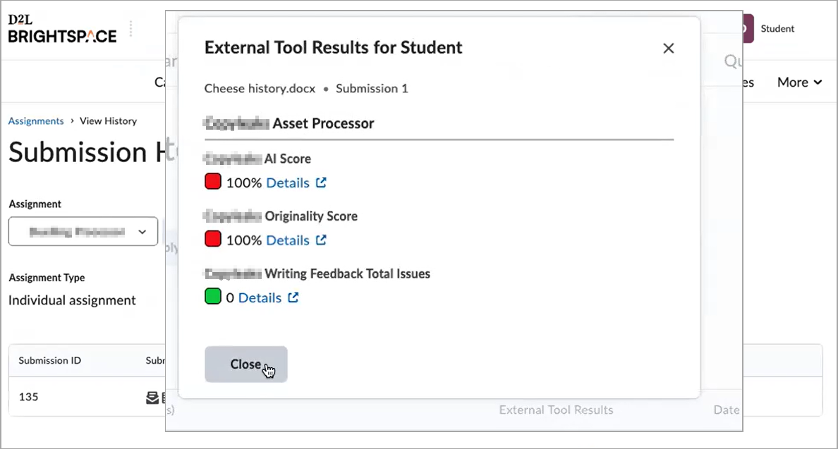 An External Tool Results for Student pop-up appears over the Submission History page