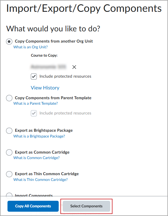 Importer, exporter et copier les composants avec l'option Copier les composants d'une autre unité organisationnelle sélectionnée et sélectionner les composants en surbrillance