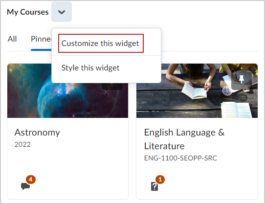 A opção Personalizar este widget do widget Meus cursos.